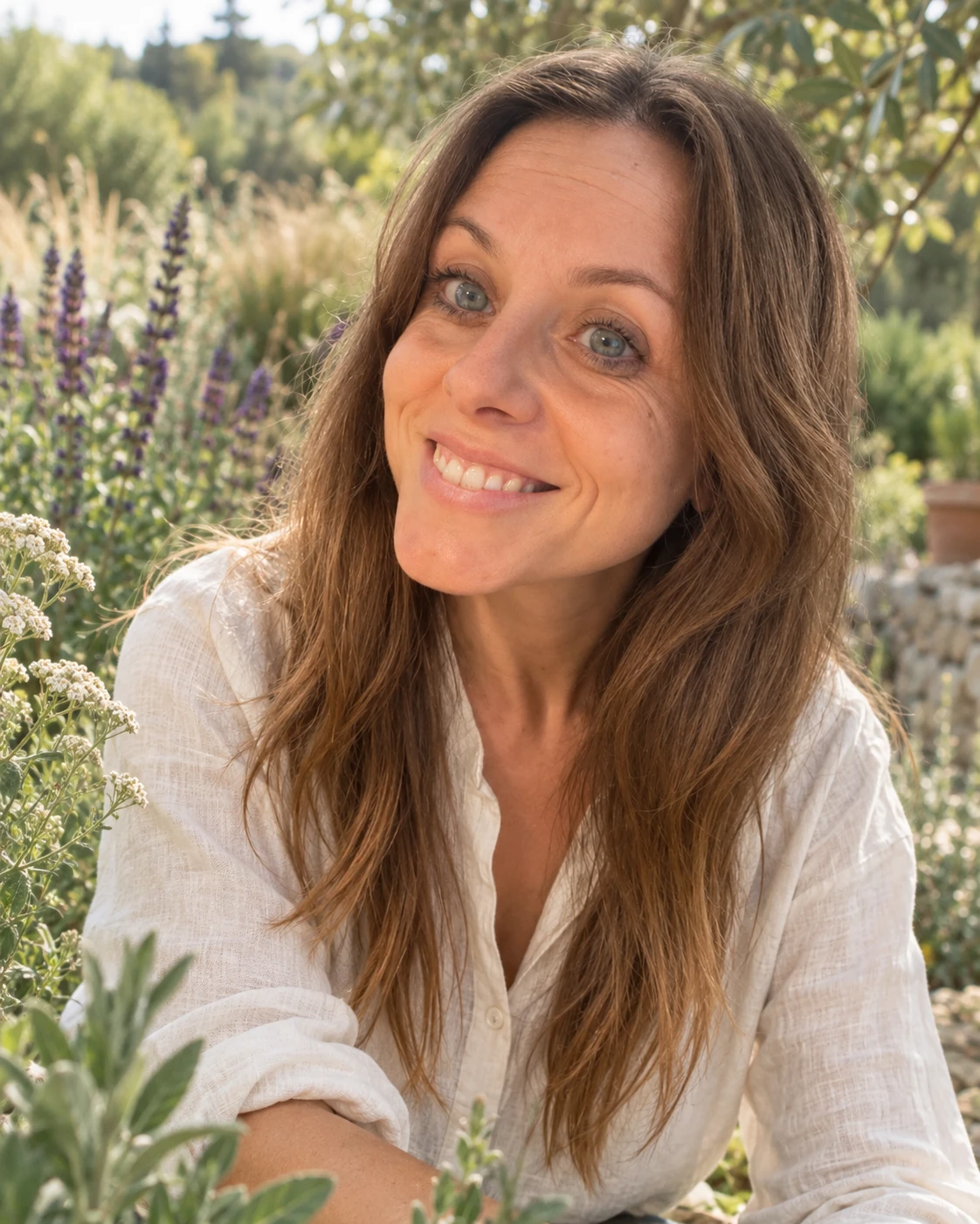 Lucia Mastria, fondatrice di Herbana, in un giardino di piante perenni.